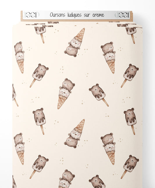 Tissu - Oursons ludiques sur crème