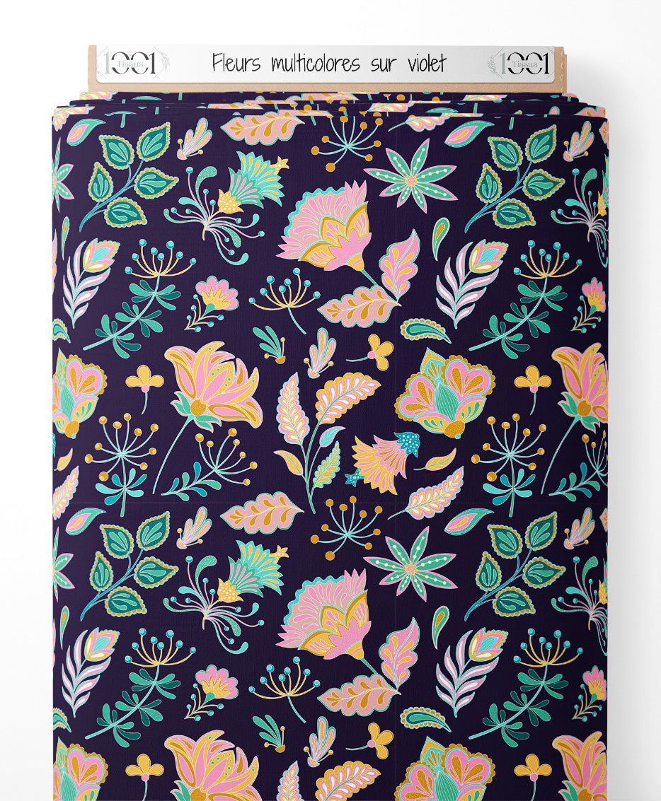 Tissu - Fleurs multicolores sur violet