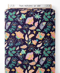 Tissu - Fleurs multicolores sur violet