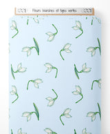 Tissu - Fleurs blanches et tiges vertes