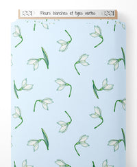 Tissu - Fleurs blanches et tiges vertes
