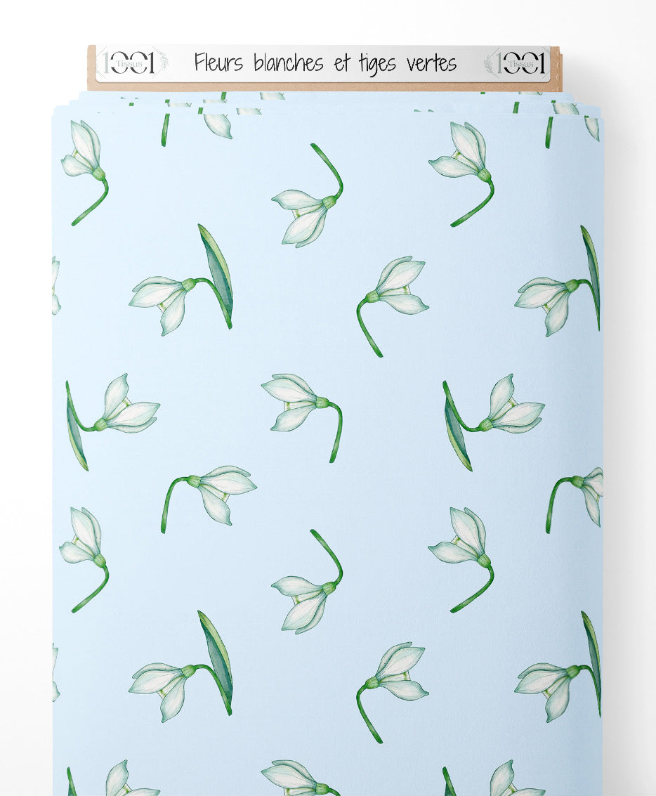 Tissu - Fleurs blanches et tiges vertes