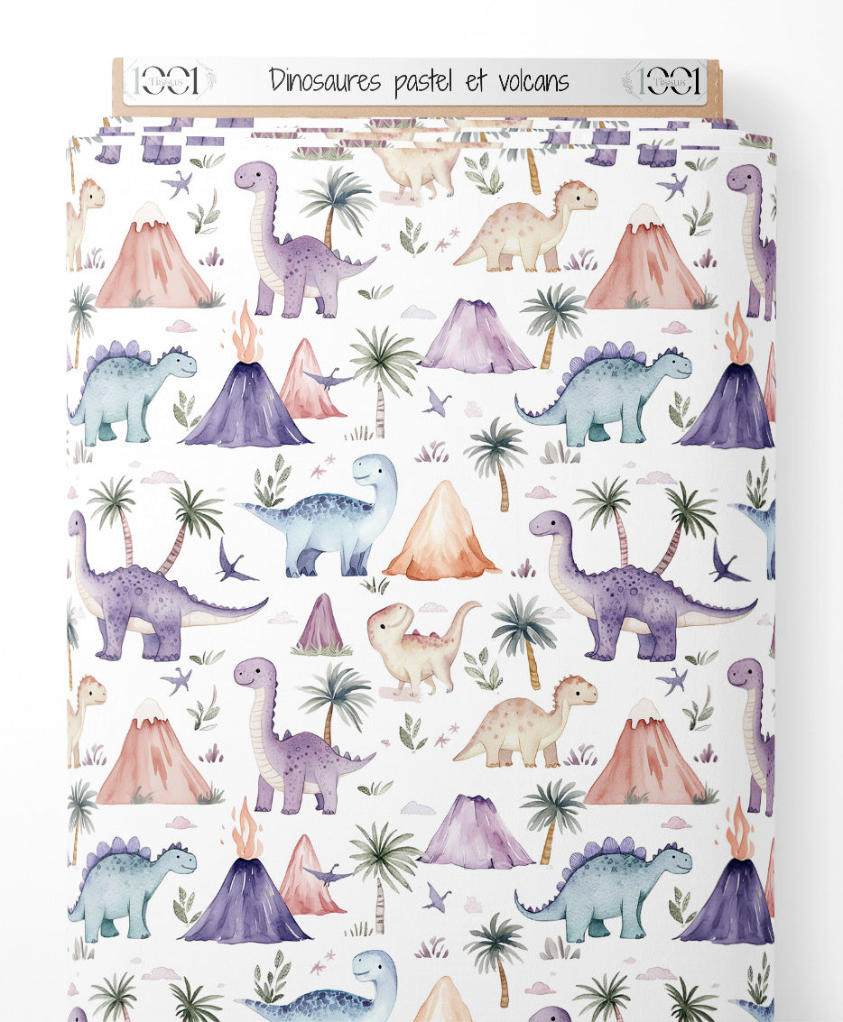 Tissu - Dinosaures pastel et volcans