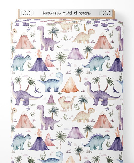 Tissu - Dinosaures pastel et volcans