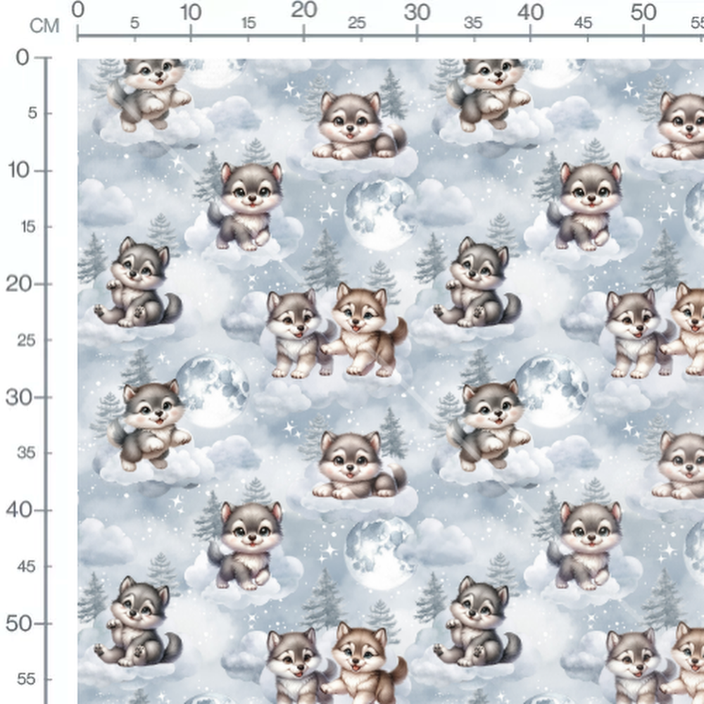 Tissu - Chiots sur nuages gris