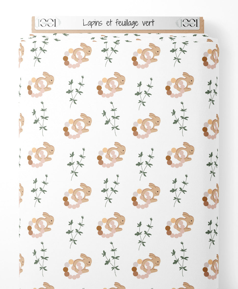 Tissu - Lapins et feuillage vert