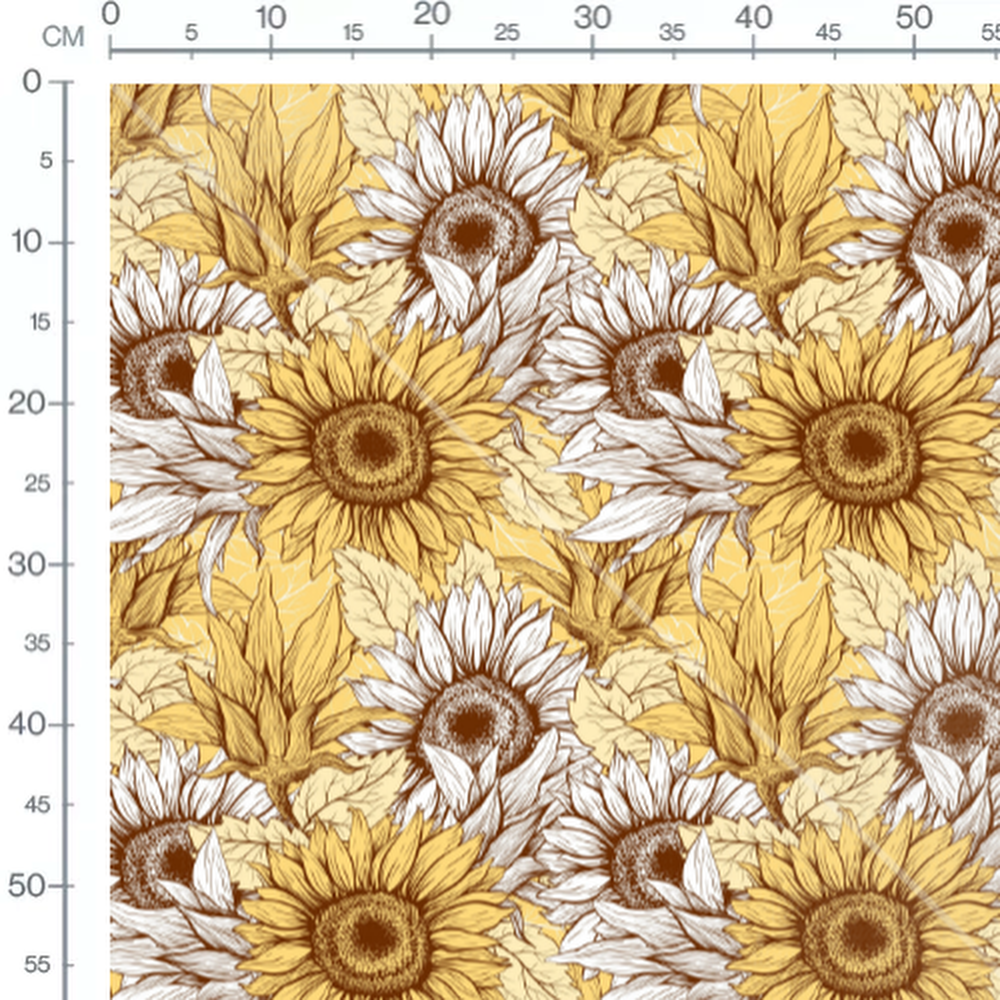 Tissu - Tournesols et feuilles dessinés