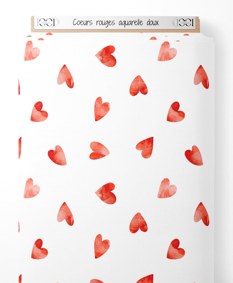 Tissu - Cœurs rouges aquarelle doux
