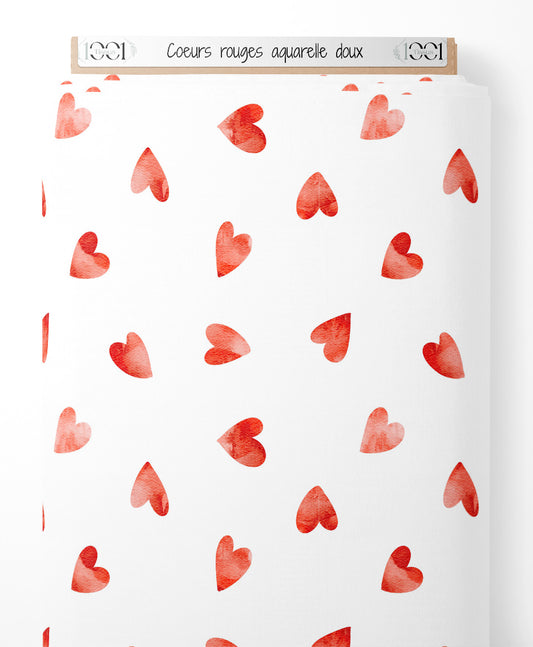 Tissu - Cœurs rouges aquarelle doux