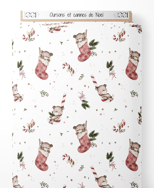 Tissu - Oursons et cannes de Noël