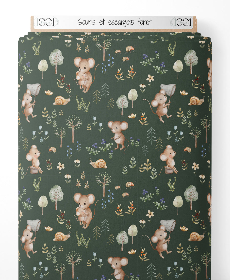Tissu - Souris et escargots forêt