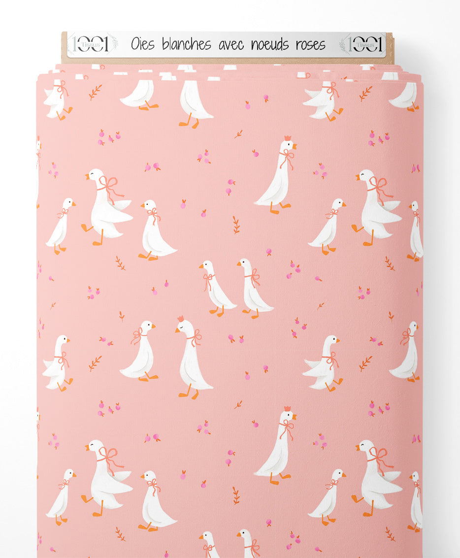 Tissu - Oies blanches avec nœuds roses