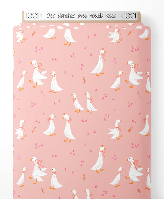 Tissu - Oies blanches avec nœuds roses