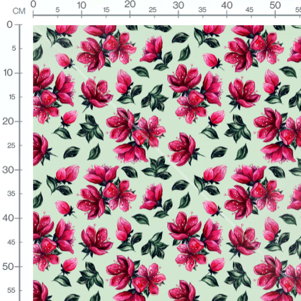 Tissu - Fleurs rouges sur fond vert clair