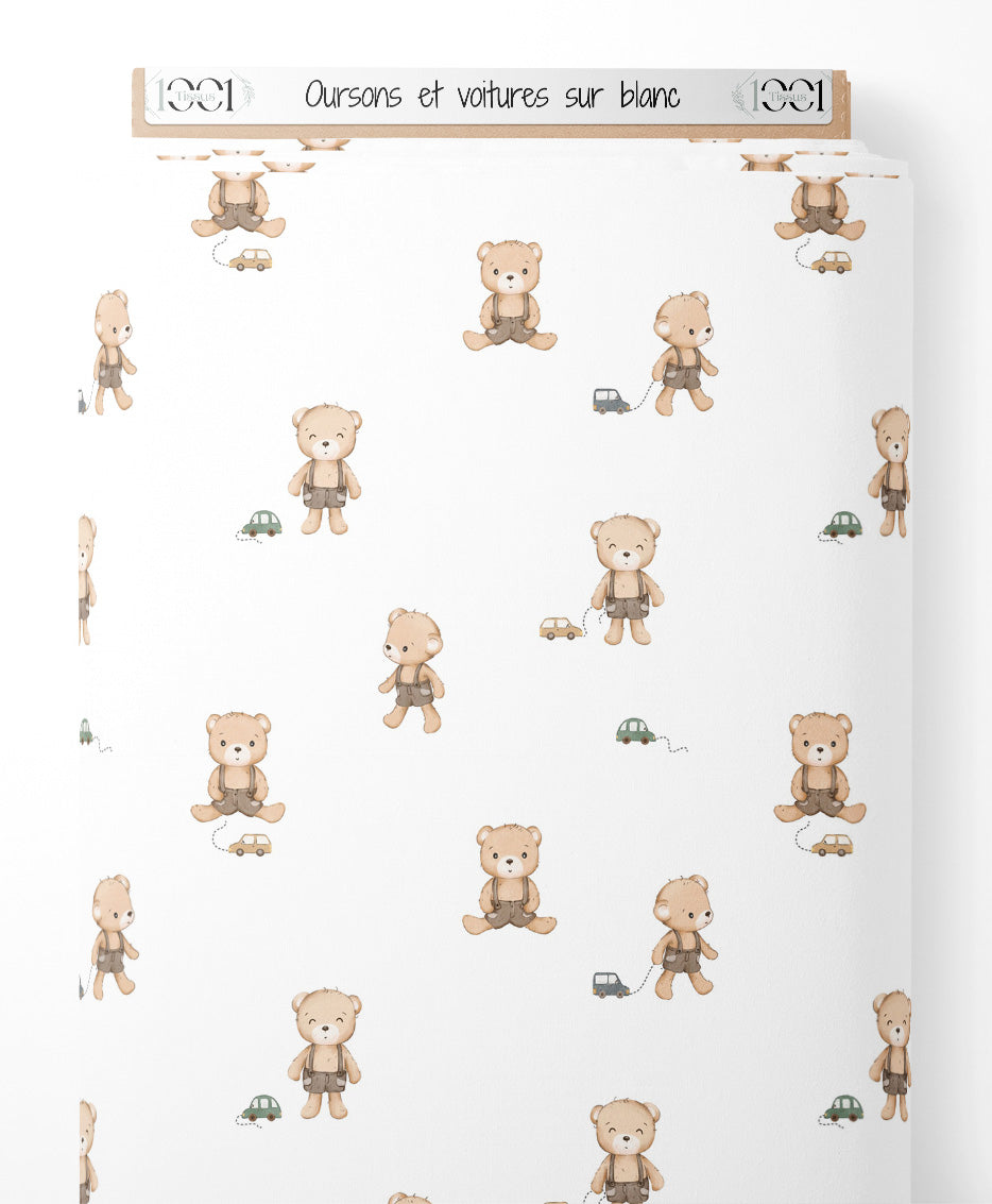 Tissu - Oursons et voitures sur blanc