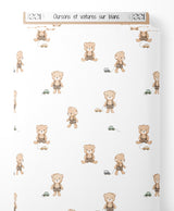 Tissu - Oursons et voitures sur blanc