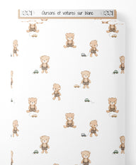 Tissu - Oursons et voitures sur blanc