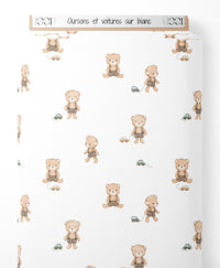 Tissu - Oursons et voitures sur blanc