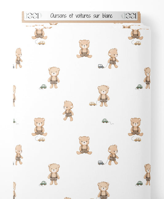 Tissu - Oursons et voitures sur blanc