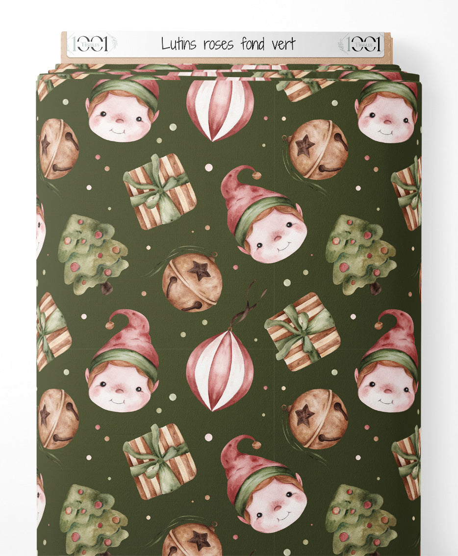 Tissu - Lutins roses sur fond vert