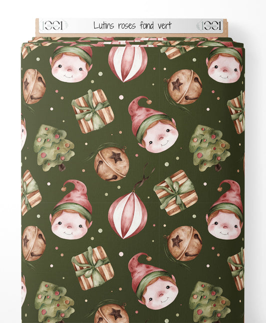 Tissu - Lutins roses sur fond vert
