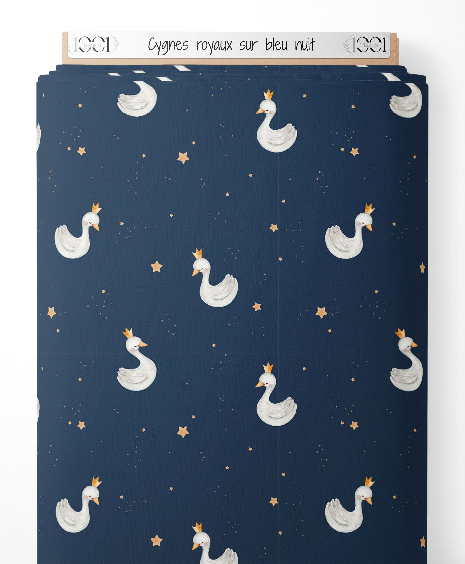 Tissu - Cygnes royaux sur bleu nuit