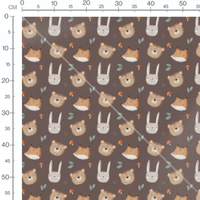 Tissu - Animaux mignons sur fond brun