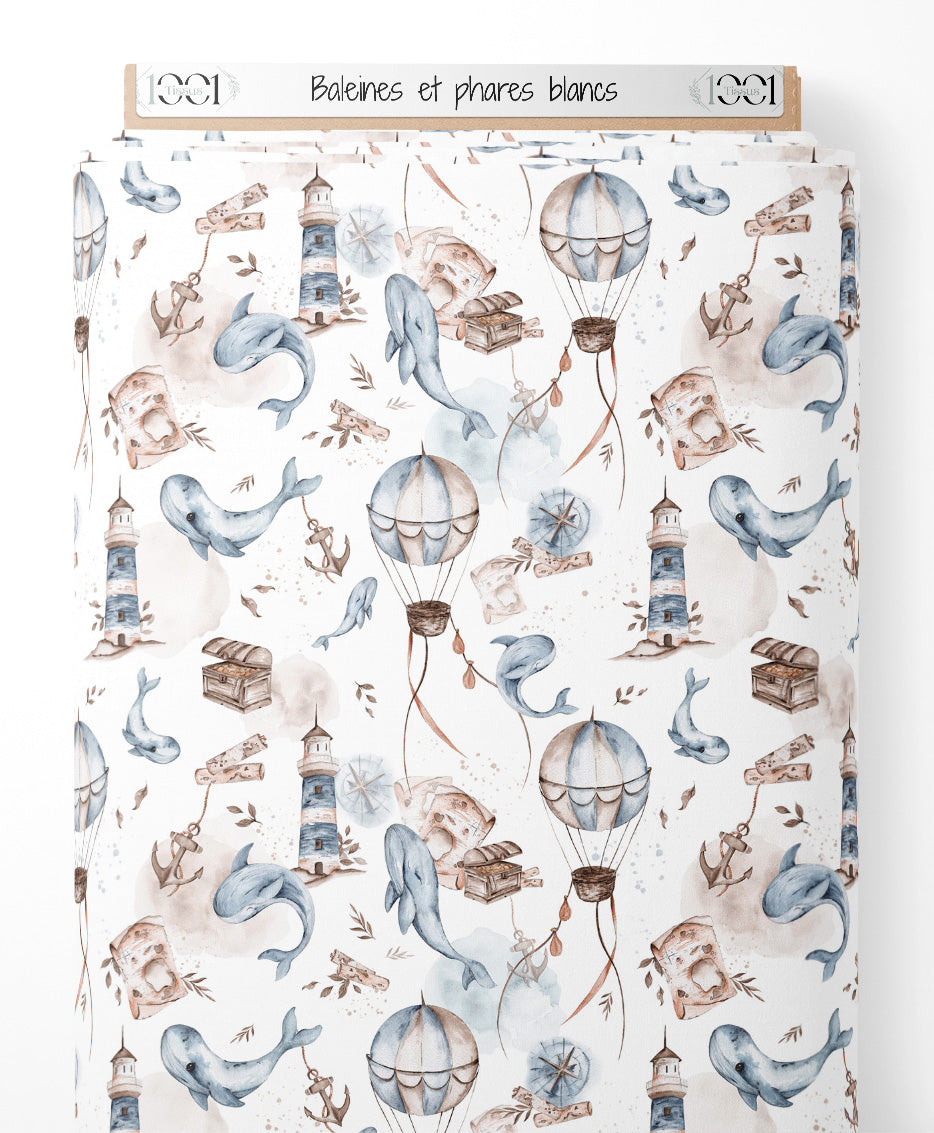 Tissu - Baleines et phares blancs