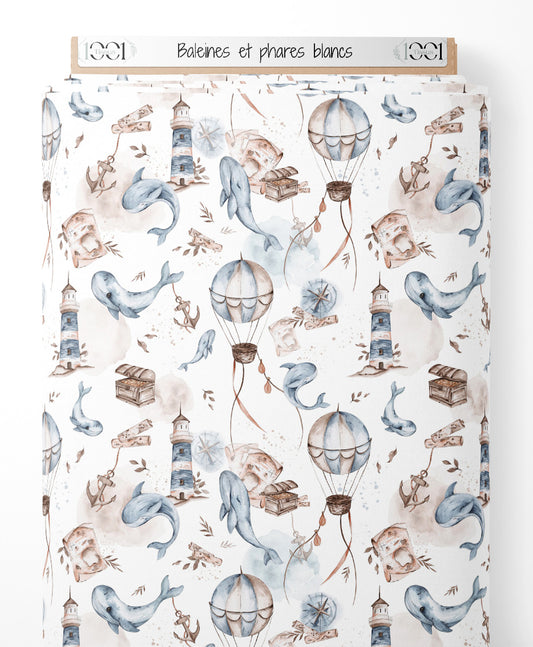 Tissu - Baleines et phares blancs