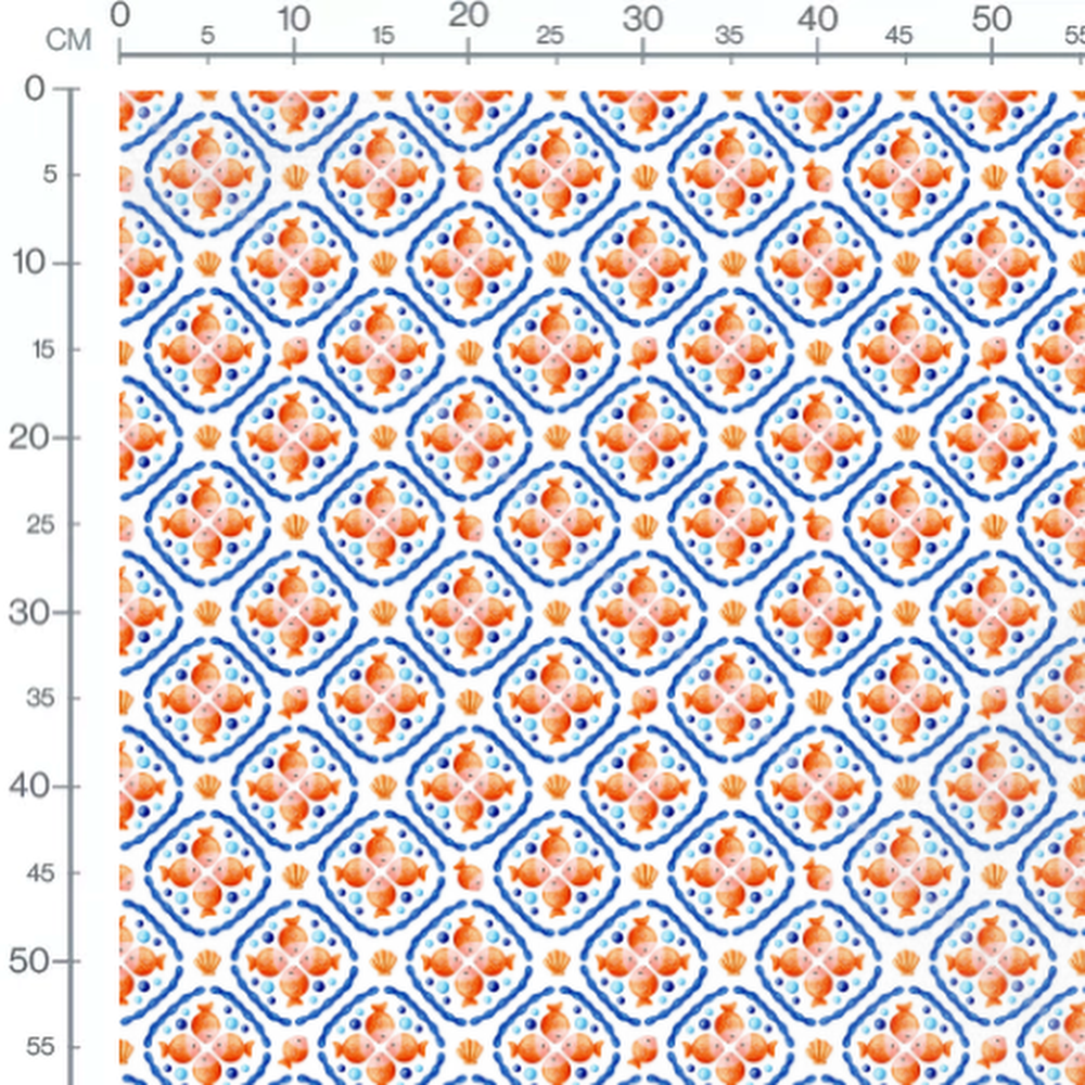 Tissu - Poissons et coquillages orange