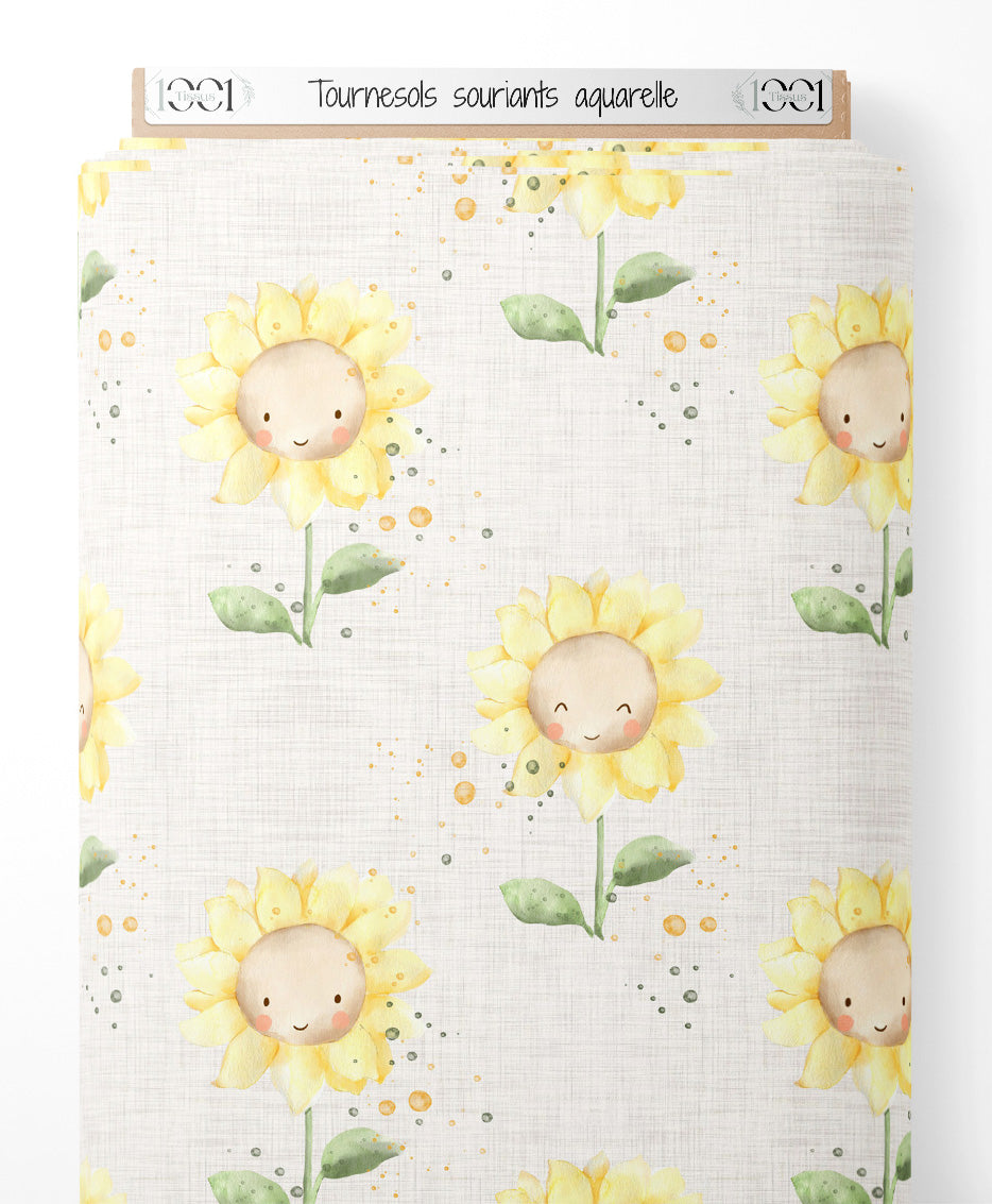 Tissu - Tournesols souriants aquarelle