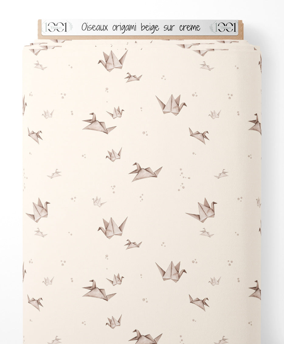Tissu - Oiseaux origami beige sur crème