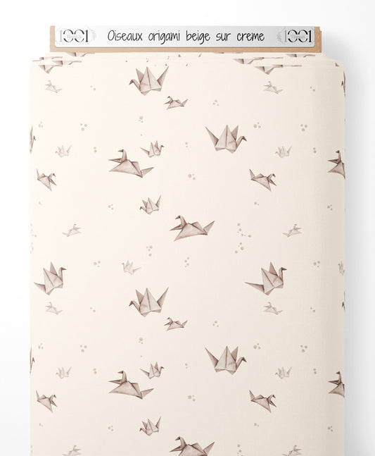 Tissu - Oiseaux origami beige sur crème