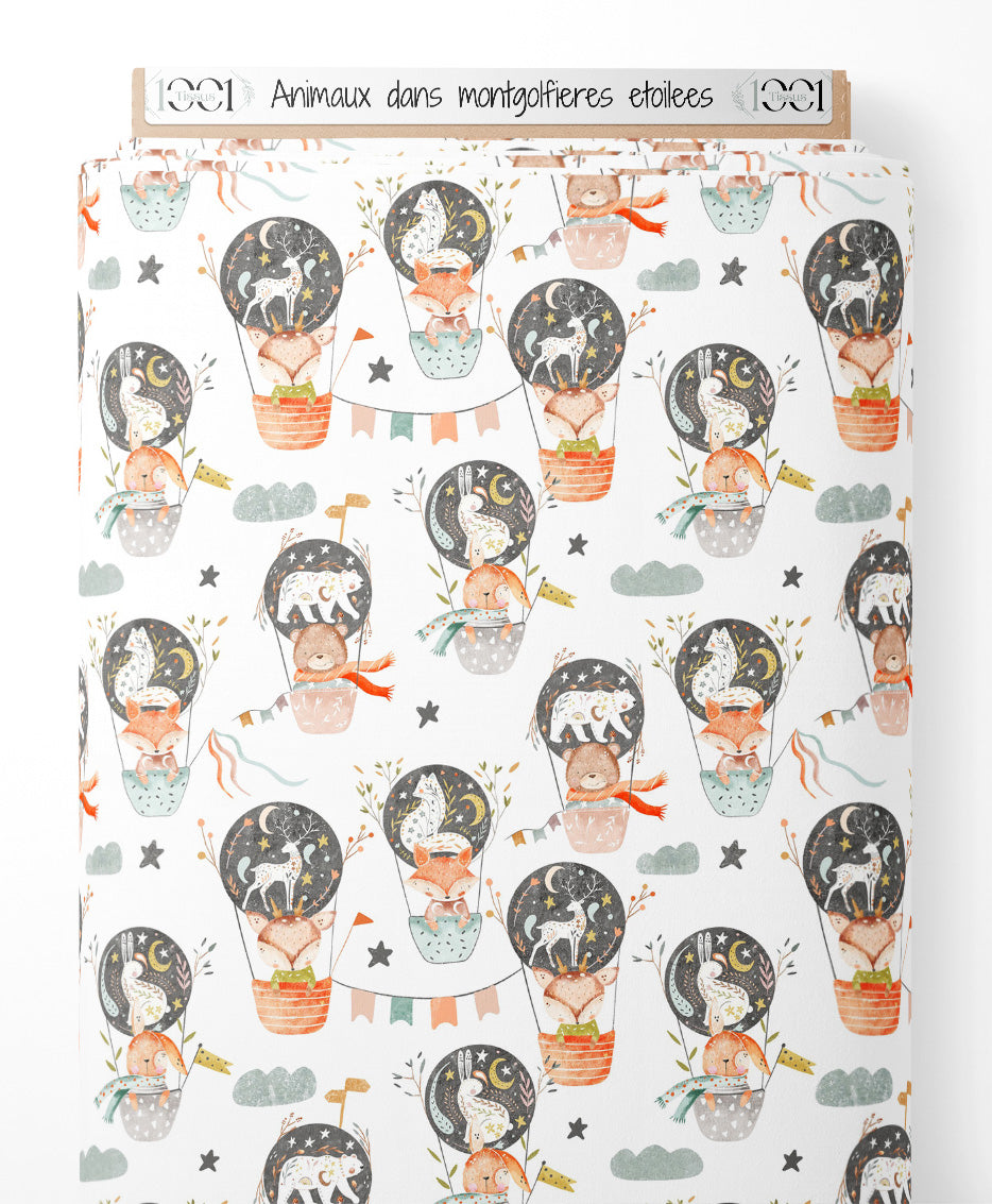 Tissu - Animaux dans montgolfières étoilées