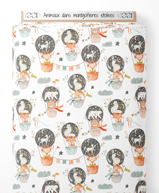 Tissu - Animaux dans montgolfières étoilées