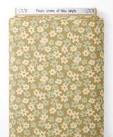 Tissu - Fleurs crème et bleu simple