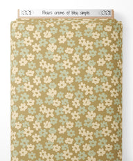 Tissu - Fleurs crème et bleu simple