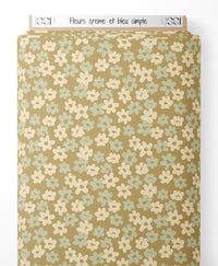 Tissu - Fleurs crème et bleu simple