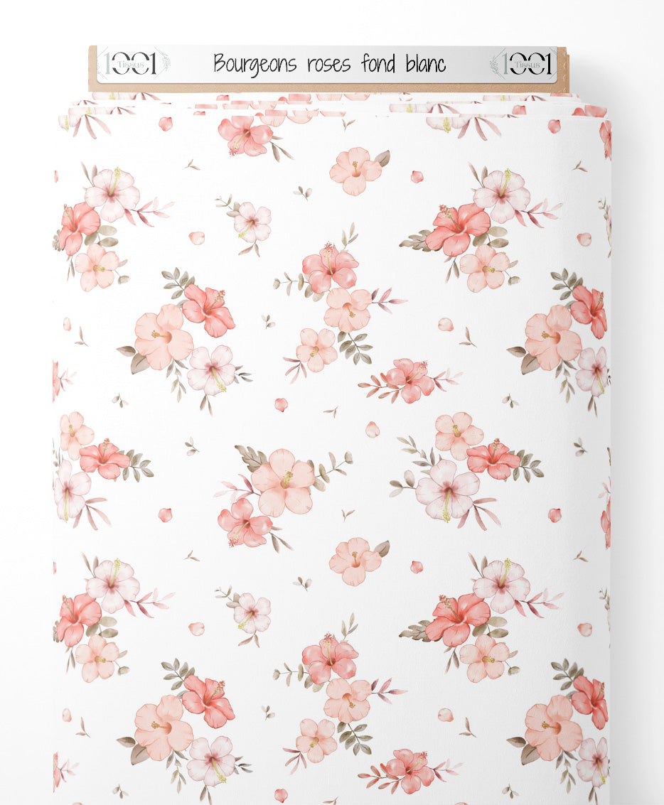 Tissu - Bourgeons roses sur fond blanc