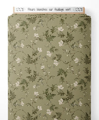 Tissu - Fleurs blanches sur feuillage vert
