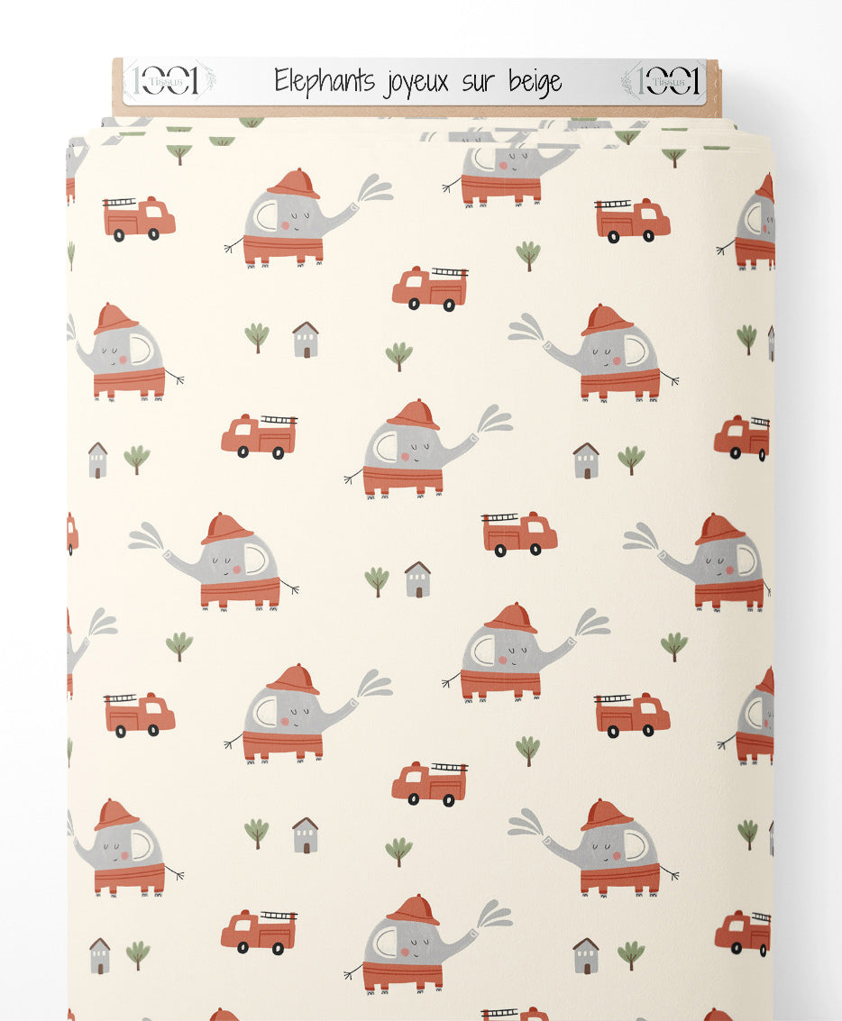 Tissu - Éléphants joyeux sur beige