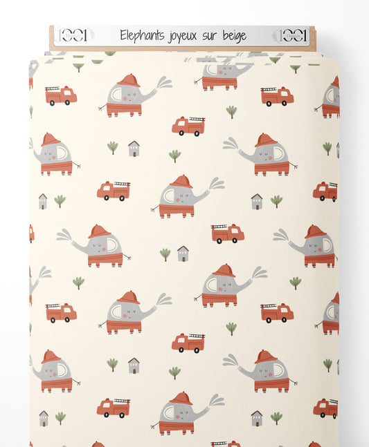 Tissu - Éléphants joyeux sur beige