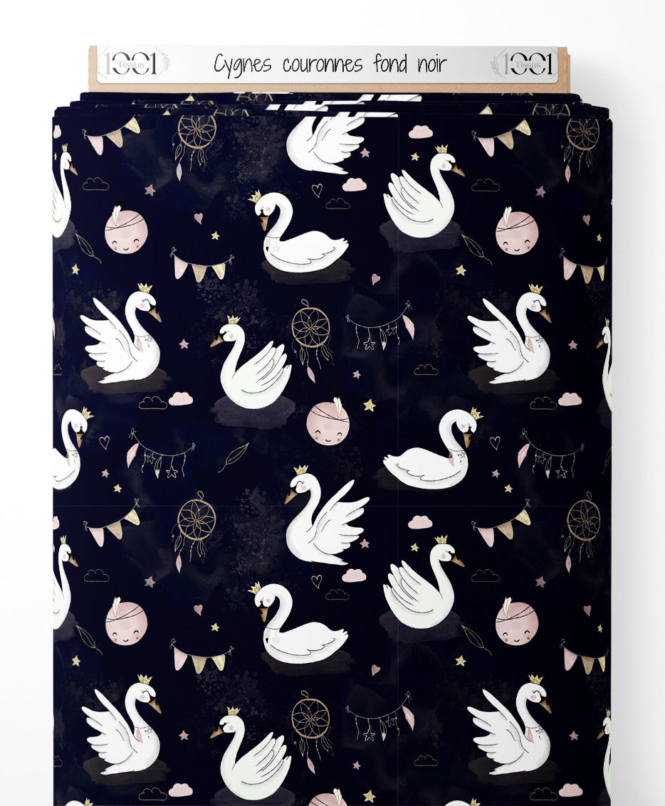 Tissu - Cygnes couronnés fond noir