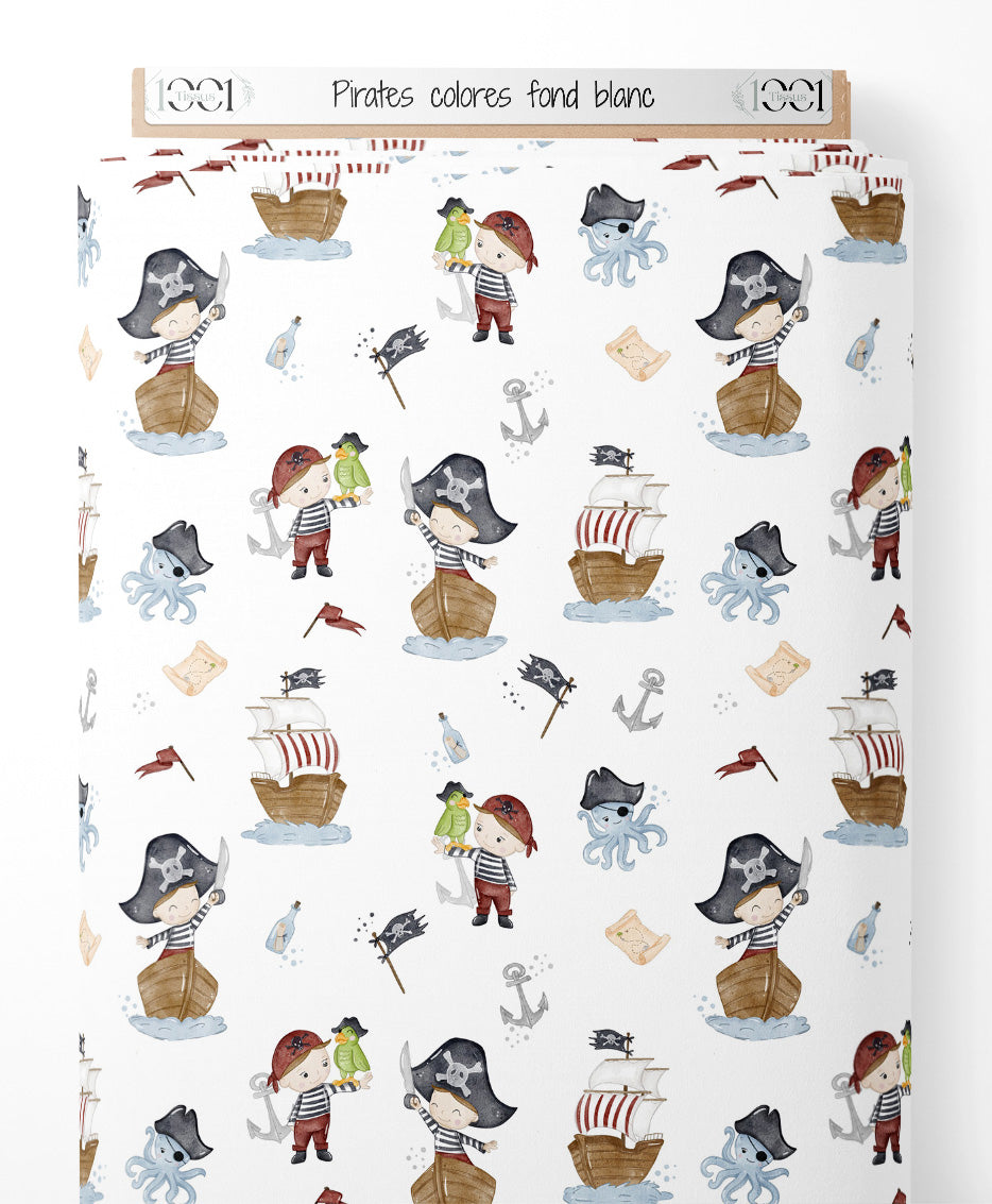Tissu - Pirates colorés sur fond blanc
