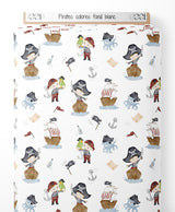 Tissu - Pirates colorés sur fond blanc