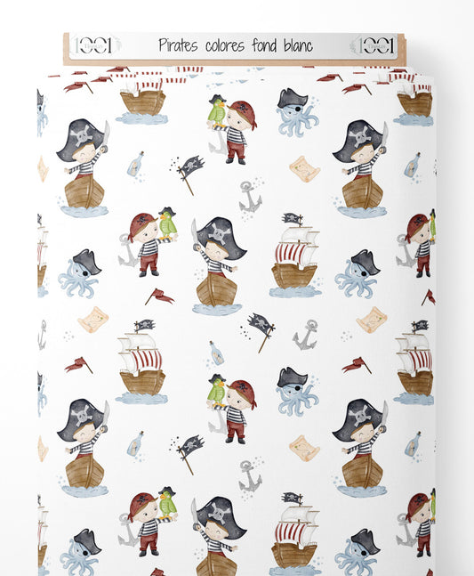 Tissu - Pirates colorés sur fond blanc
