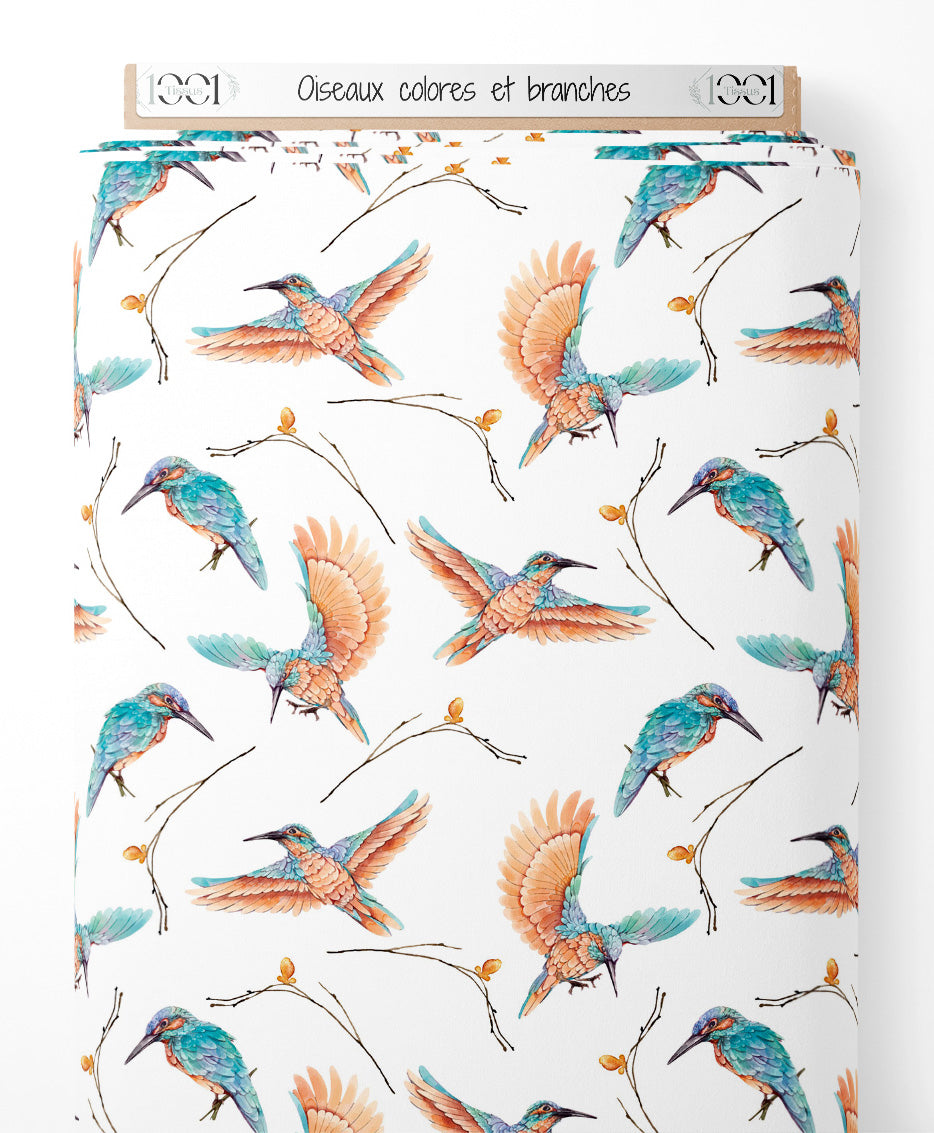 Tissu - Oiseaux colorés et branches