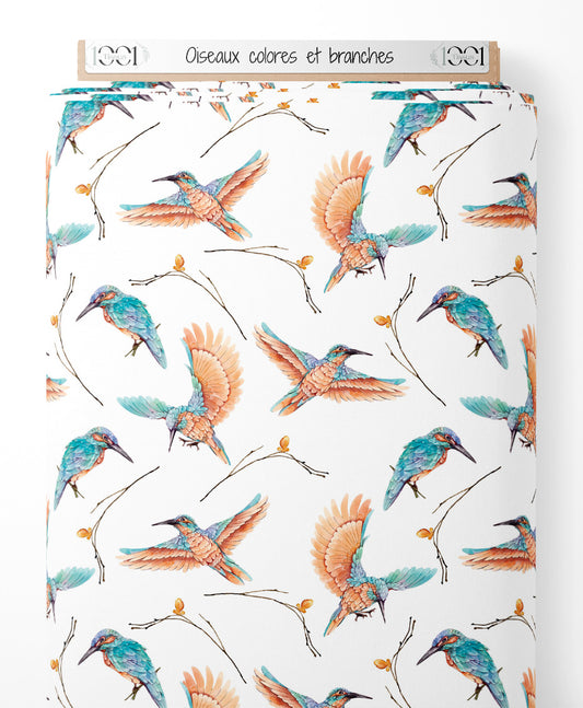 Tissu - Oiseaux colorés et branches