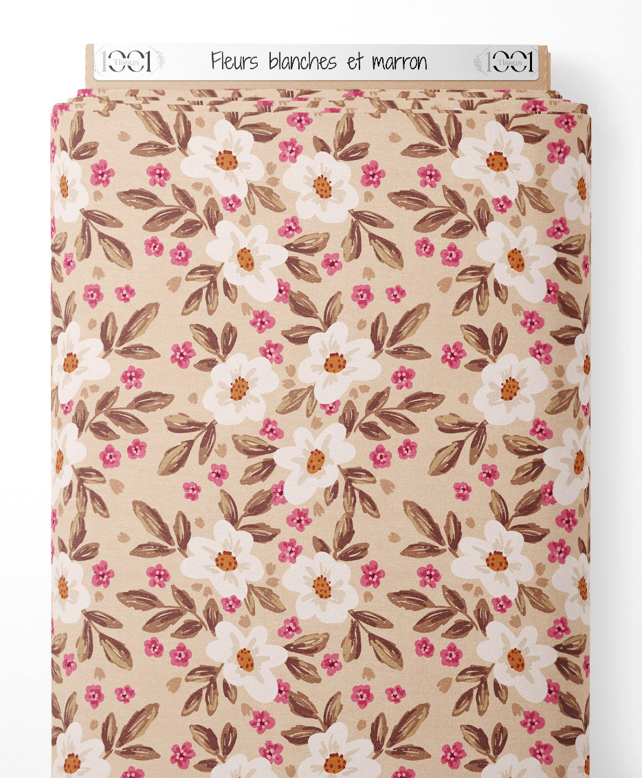 Tissu - Fleurs blanches et marron