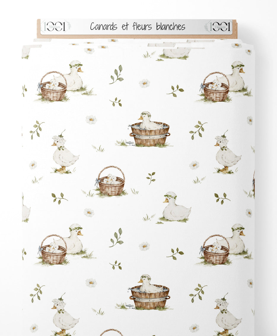 Tissu - Canards et fleurs blanches